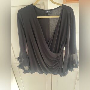 MSK Black Top XL Elegant NYE Flowy Draped v neck Ruffle Sleeves Holiday Party
